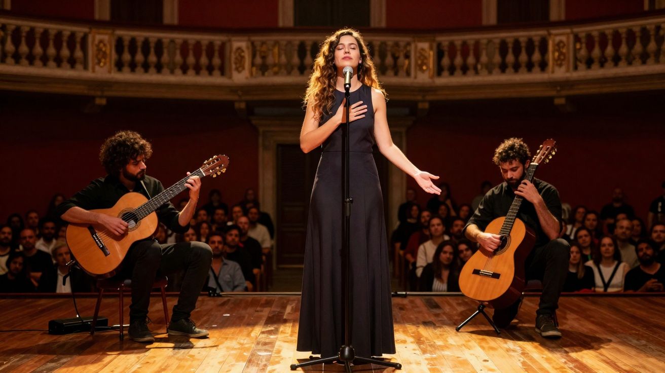 Mulher canta no palco acompanhada por dois guitarristas, com público atento num auditório clássico.
