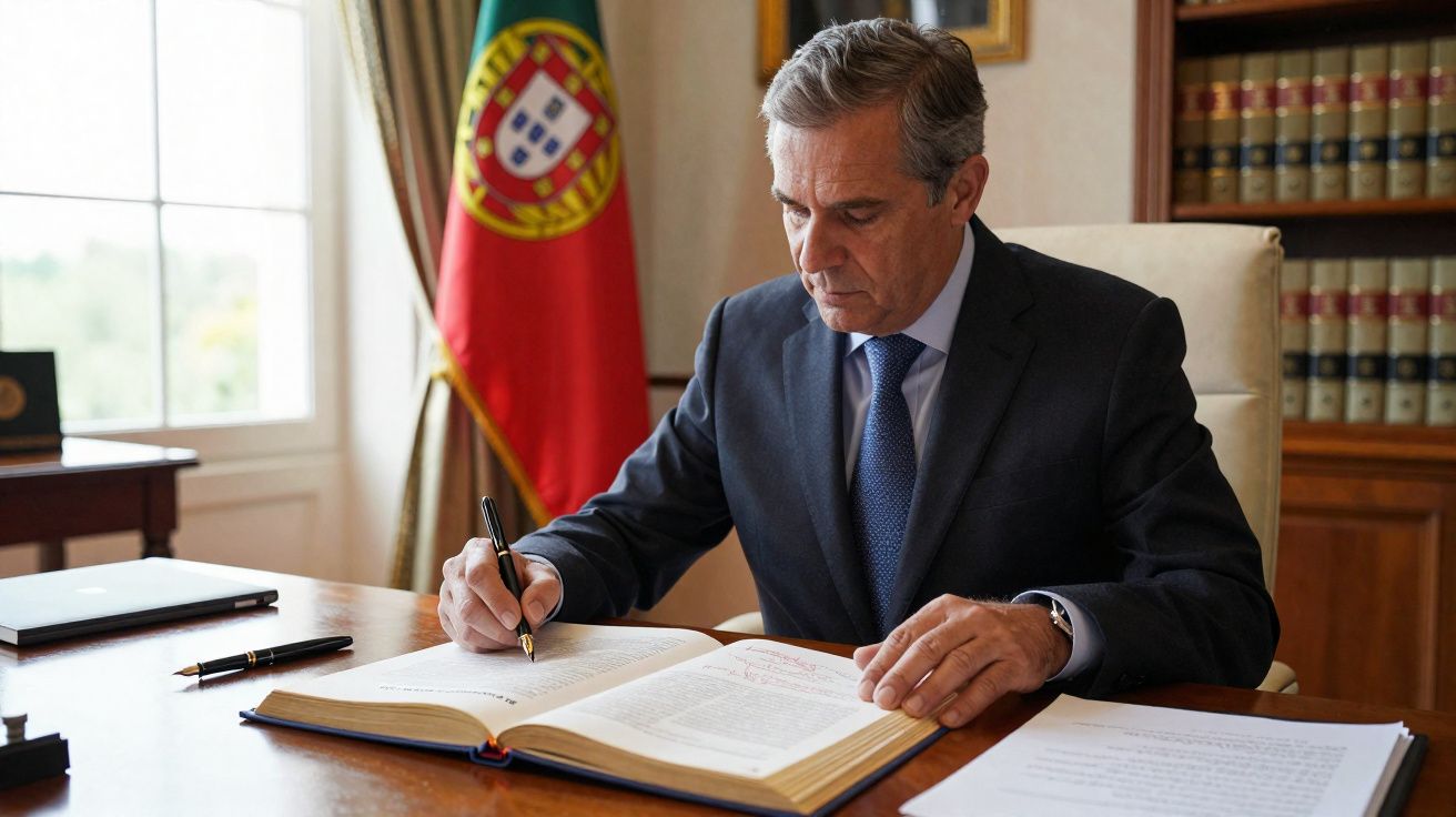Homem de fato assinando documento num escritório com bandeira de Portugal e estante de livros ao fundo.