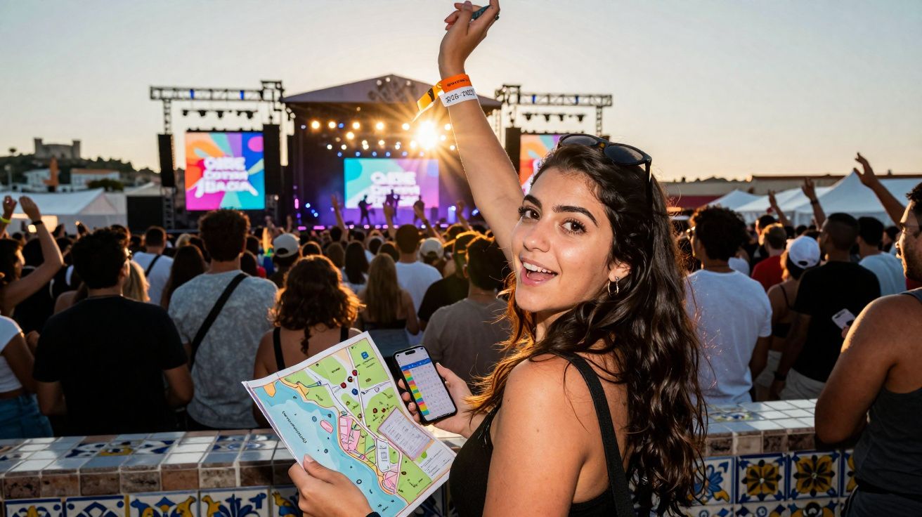 Jovem sorridente com mapa e telemóvel na mão num festival ao pôr do sol, multidão e palco iluminado ao fundo.