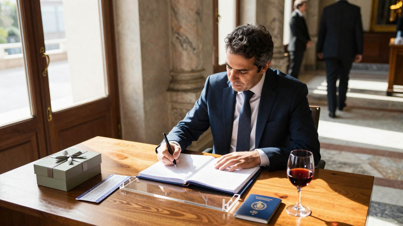 Homem de fato azul a escrever num livro à mesa com passaporte, copo de vinho e caixa de presente.