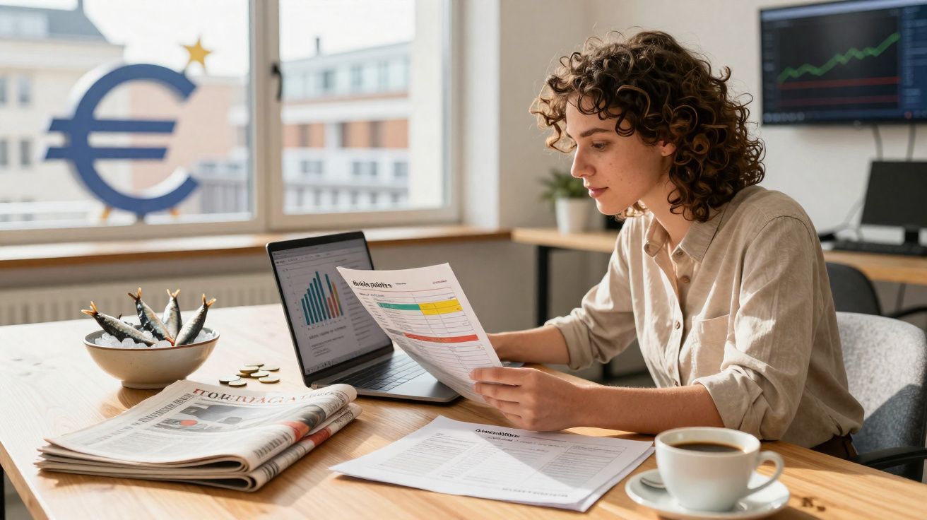 Mulher analisando gráficos financeiros em papel e computador num escritório com símbolo do euro na janela.