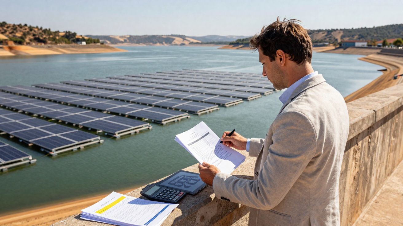 Homem a analisar documentos junto a uma barragem com painéis solares flutuantes numa paisagem rural.