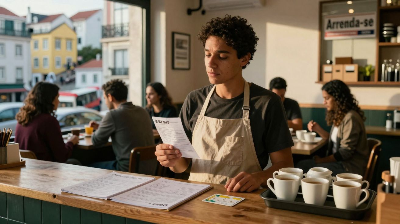 Jovem com avental a ler um papel num café, ao lado de um tabuleiro com várias chávenas de café.