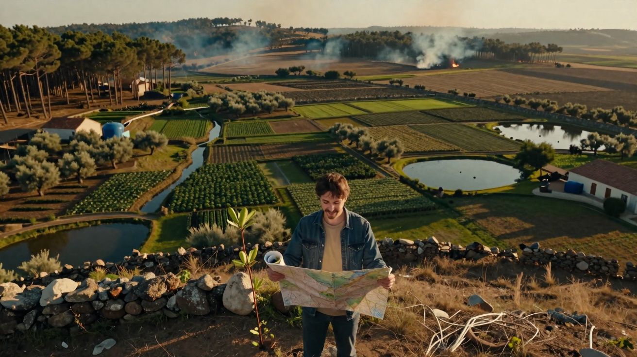 Homem com mapa diante de campos agrícolas organizados com lagos e árvores ao fundo ao entardecer.