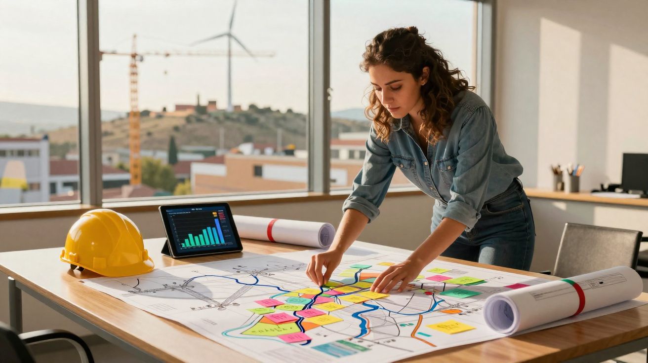 Mulher a analisar planta com notas coloridas numa mesa, capacete amarelo e tablet com gráfico ao lado.