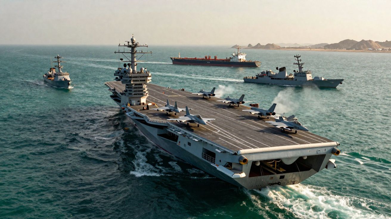 Porta-aviões acompanhado por dois navios militares e um petroleiro em mar aberto, com montanhas ao fundo.
