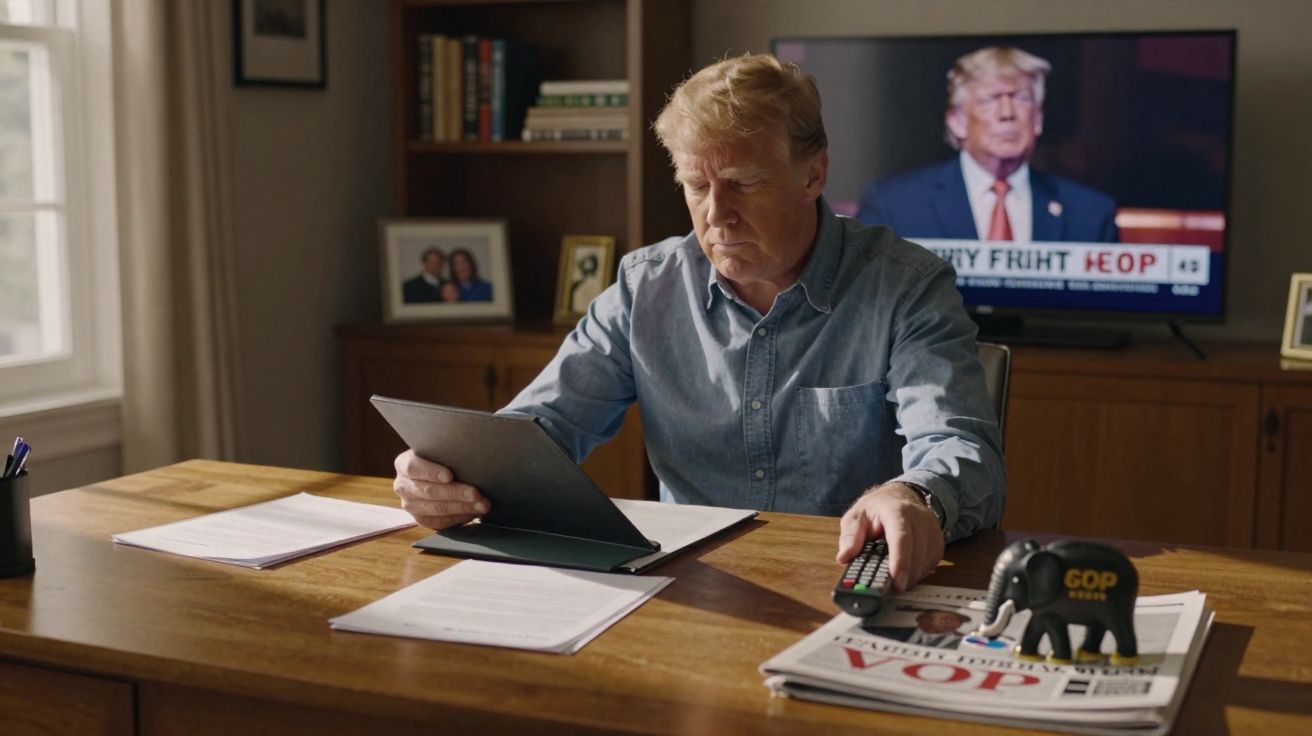 Homem sentado a ler documentos numa mesa com televisão ligada a mostrar Donald Trump ao fundo.