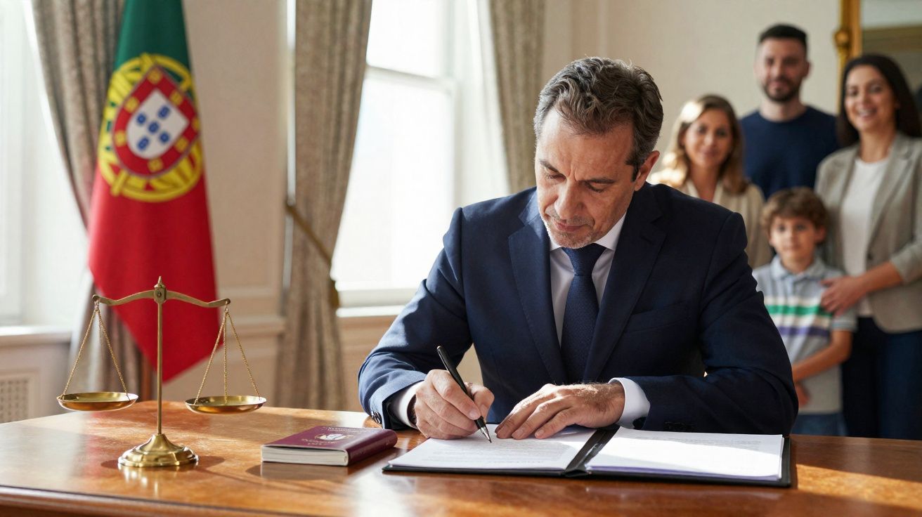Homem de fato azul assina documento numa mesa com balança da justiça, com família atrás e bandeira de Portugal.