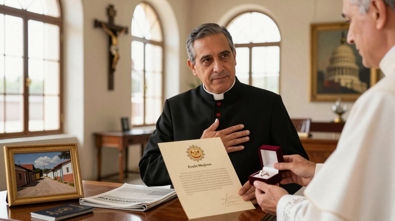 Padre recebe certificado e caixa com aliança das mãos de outro homem numa sala com crucifixo e janelas arqueadas.