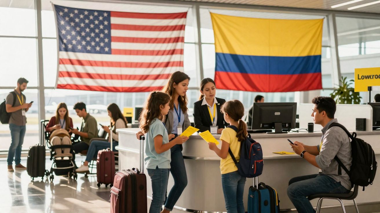 Família em balcão de aeroporto com bandeiras dos EUA e Colômbia vistas ao fundo, funcionários prestam atendimento.