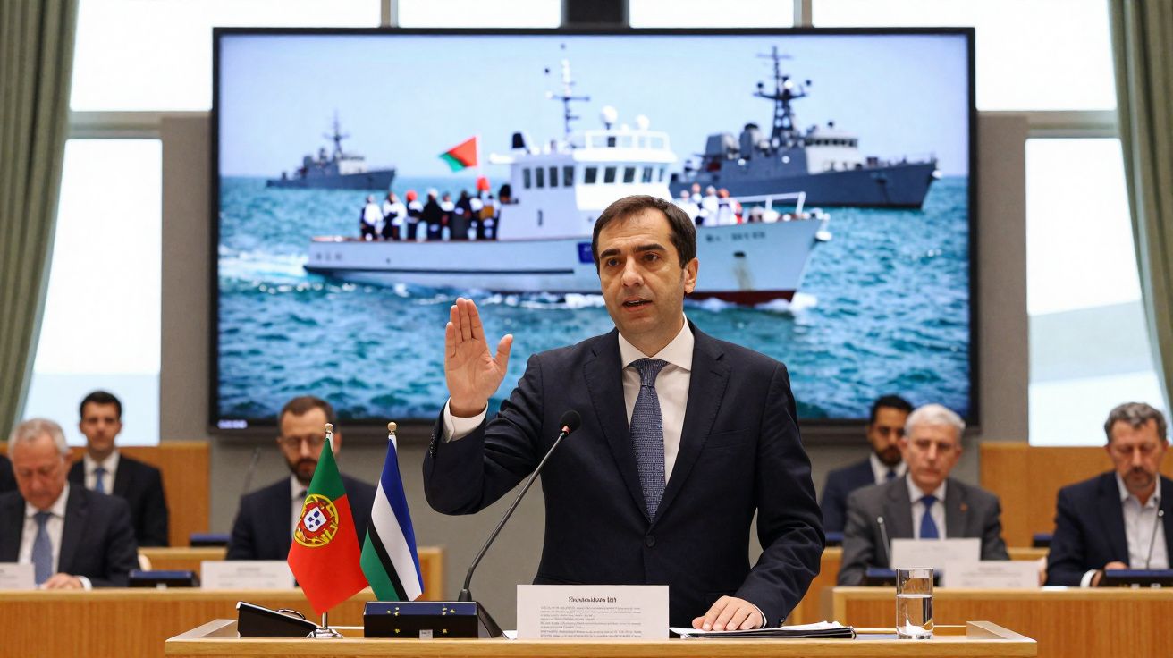 Homem de fato e gravata num púlpito com as bandeiras de Portugal e outra ao lado, e foto de barcos militares atrás.