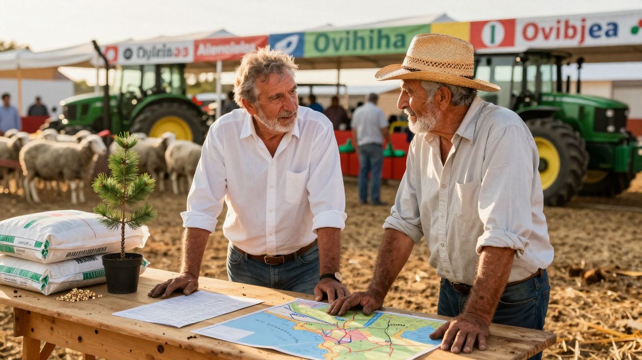 Dois homens adultos conversam junto a uma mesa de madeira com mapas, sacos e uma planta, com animais e tractor ao fundo.