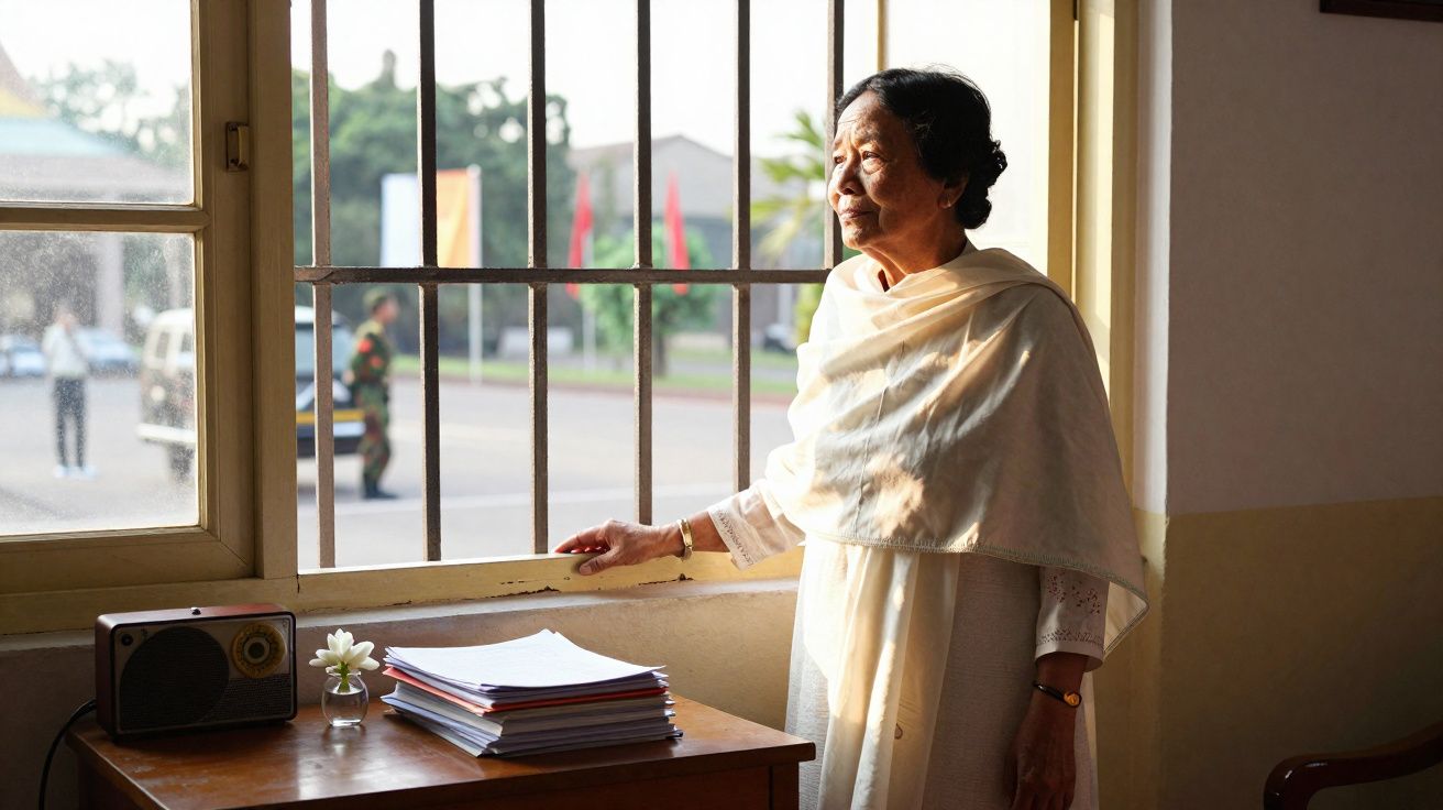 Mulher idosa vestida de branco olhando pela janela com luz solar a iluminar o rosto, perto de uma secretária.