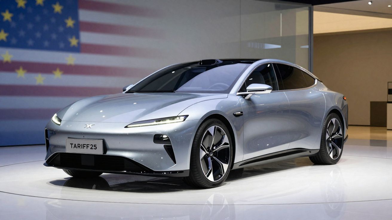 Carro elétrico prateado moderno em exposição, com a bandeira dos Estados Unidos ao fundo.