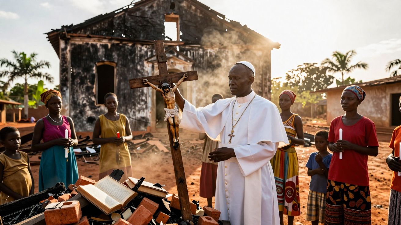 Sacerdote segurando crucifixo junto a grupo de pessoas em ruínas de igreja queimada ao pôr do sol.