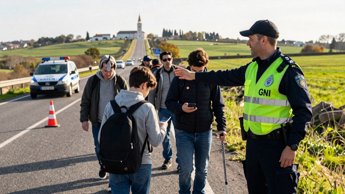 Agente da GNR indica direção a grupo de pessoas a caminhar numa estrada rural com viatura policial estacionada.