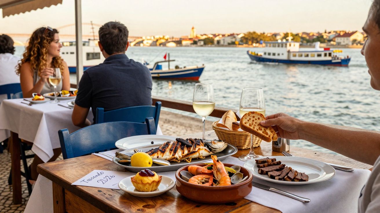 Restaurante à beira-rio com pratos de marisco, peixe grelhado, vinho branco e vista para barcos e cidade ao pôr do sol.
