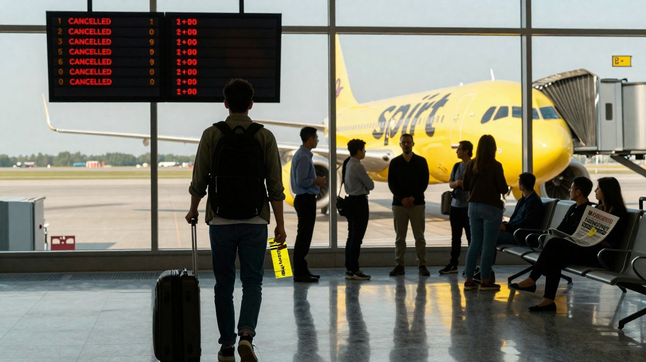 Passageiros no aeroporto com voos cancelados mostram ecrã de partidas e avião amarelo da Spirit ao fundo.