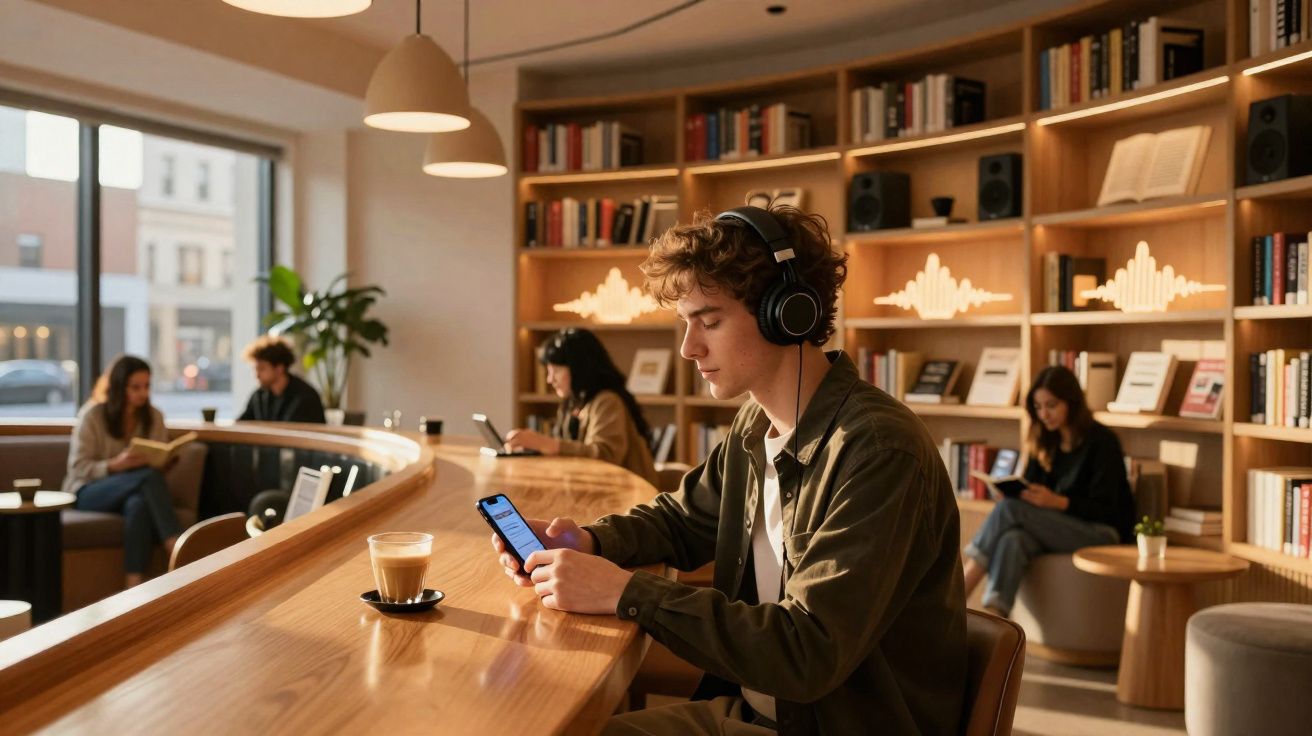 Jovem com auscultadores a usar telemóvel numa biblioteca moderna, com outras pessoas a ler e usar dispositivos.