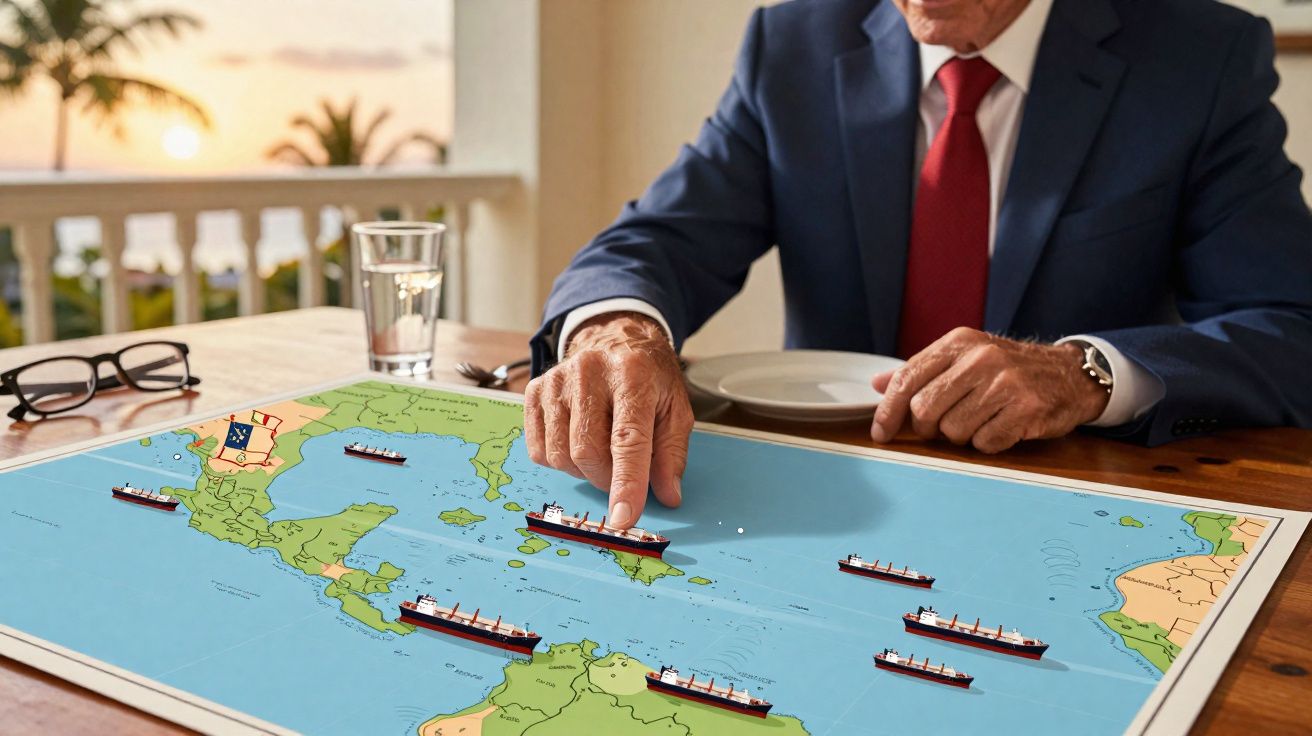 Homem aponta para um mapa marítimo com navios e está sentado numa mesa de madeira.