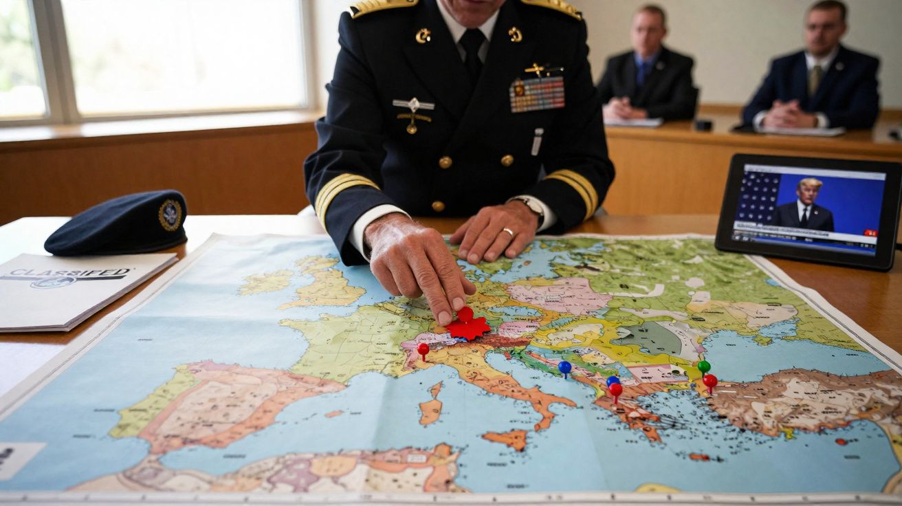 Militar em uniforme a apontar um mapa político da Europa com alfinetes coloridos numa sala de reunião.