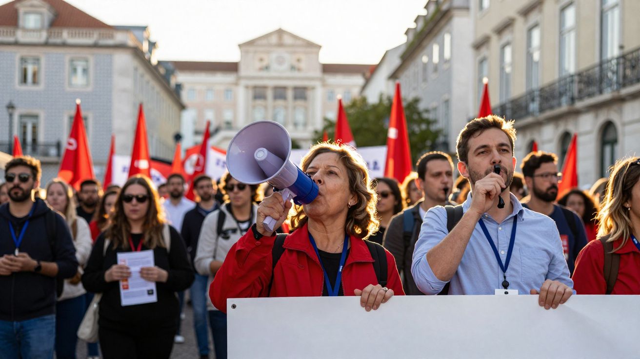 Manifestantes com bandeiras vermelhas e megafone em protesto numa rua urbana entre edifícios antigos.