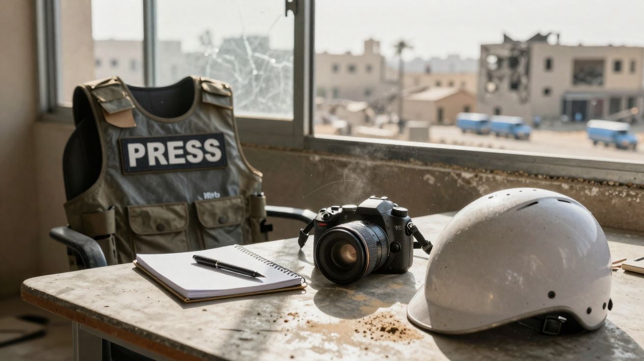 Colete à prova de bala com a palavra PRESS, câmara fotográfica, capacete e bloco de notas num local danificado.
