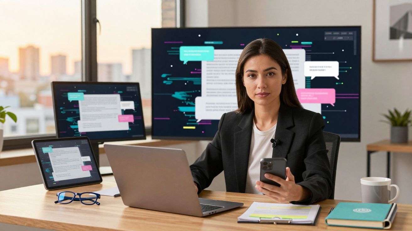 Mulher sentada numa mesa de escritório, com portátil, telemóvel e vários ecrãs digitais ao fundo.