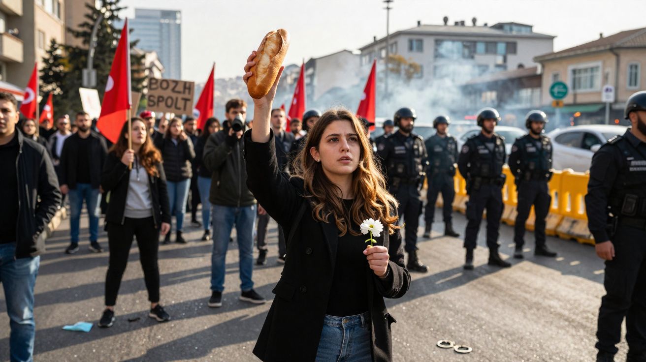 Mulher levanta um pão e uma flor durante protesto com polícia e manifestantes ao fundo numa rua da cidade.