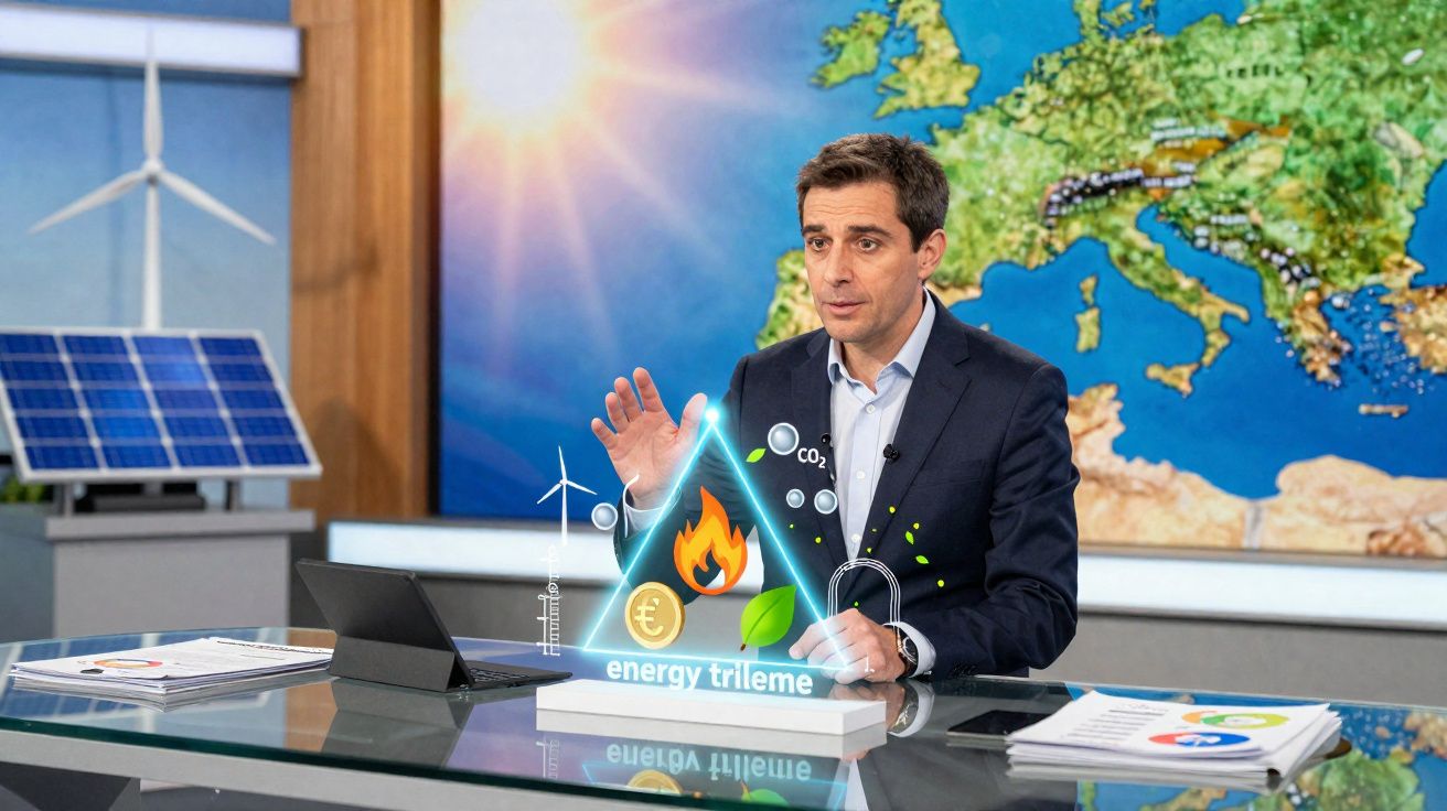 Apresentador de televisão com mapa da Europa ao fundo e gráficos digitais sobre energia na frente.