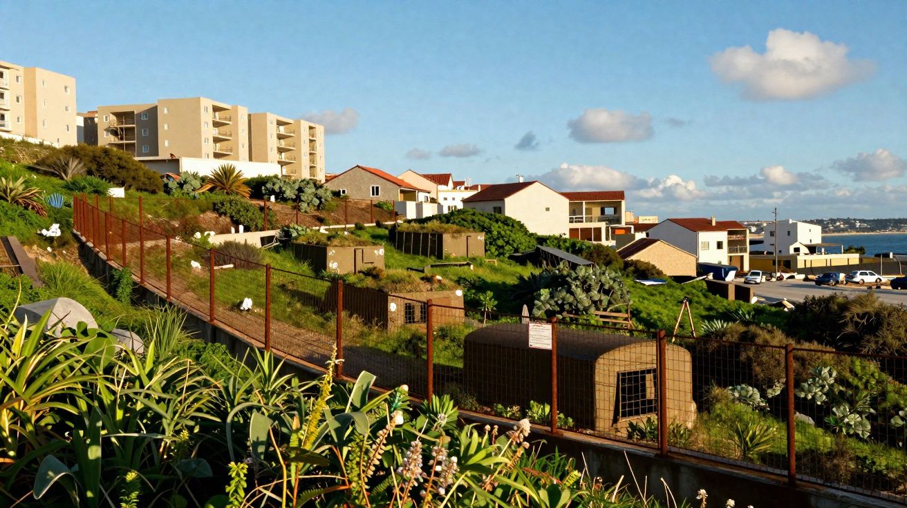 Paisagem urbana com casas, prédios, vegetação e céu azul com algumas nuvens.