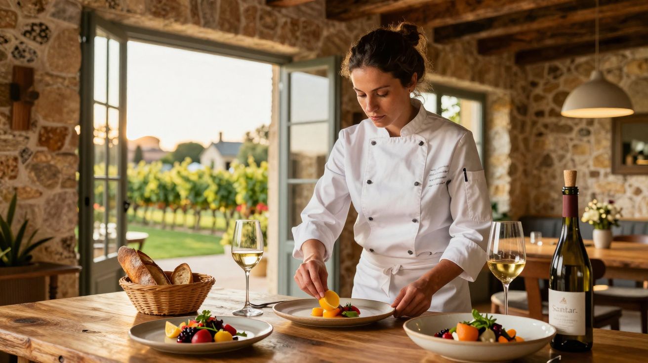 Chef feminina a decorar pratos com fruta num restaurante rústico com vista para vinha ao pôr do sol.