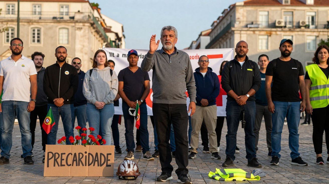 Grupo de pessoas em protesto com cartaz "Precaridade" e cravos vermelhos numa praça urbana.
