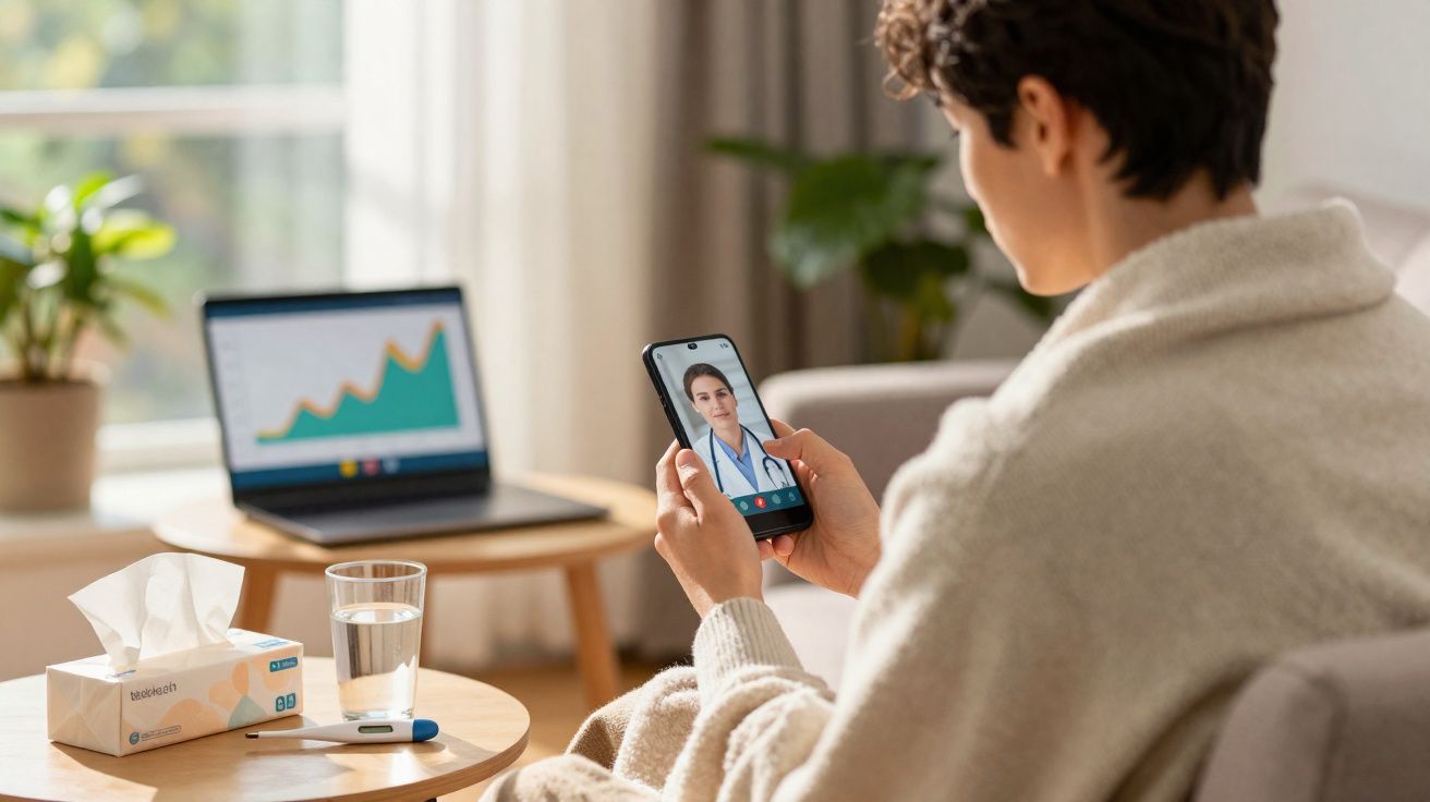 Pessoa a fazer consulta médica por vídeo no smartphone, com laptop e itens para saúde numa mesa ao lado.