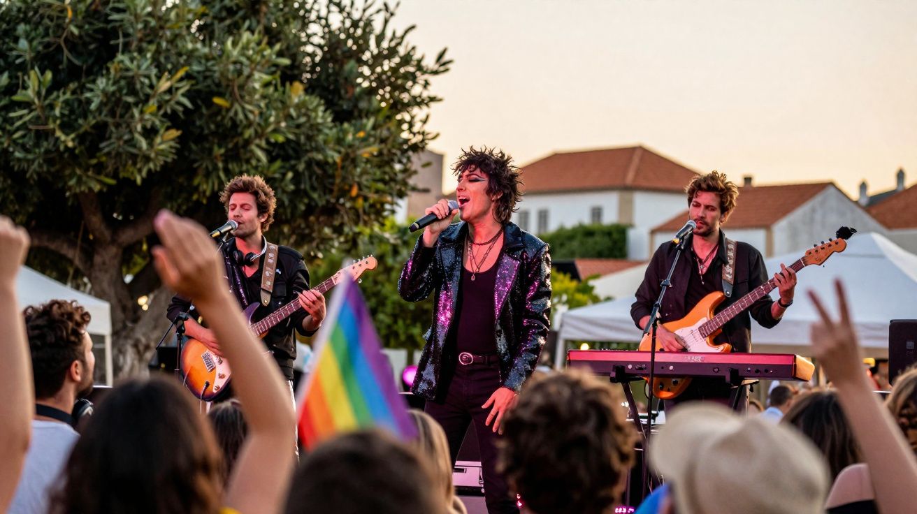 Banda a tocar ao ar livre com público a assistir e bandeira arco-íris visível na multidão.
