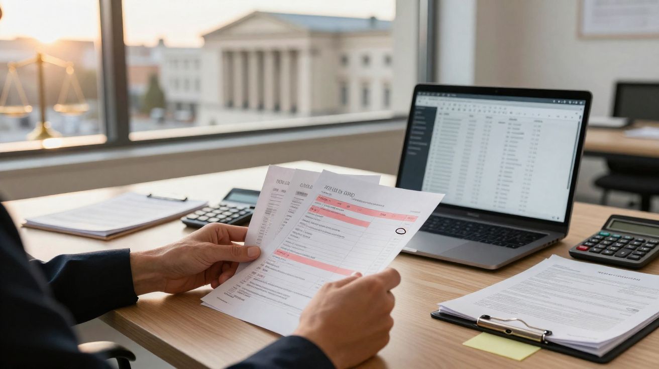 Pessoa a consultar documentos financeiros num escritório com computador portátil e calculadora na secretária.