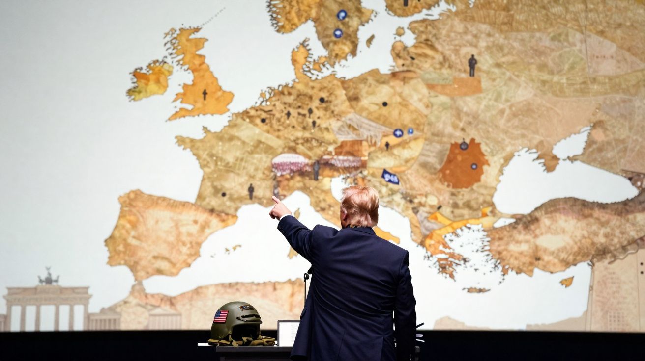 Pessoa aponta para mapa histórico da Europa projetado numa parede, capacete militar com bandeira dos EUA numa mesa.