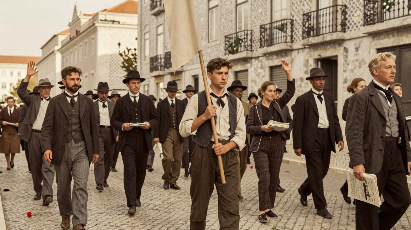 Grupo de pessoas com roupas antigas a marchar numa rua de pedra com bandeira e jornais nas mãos.