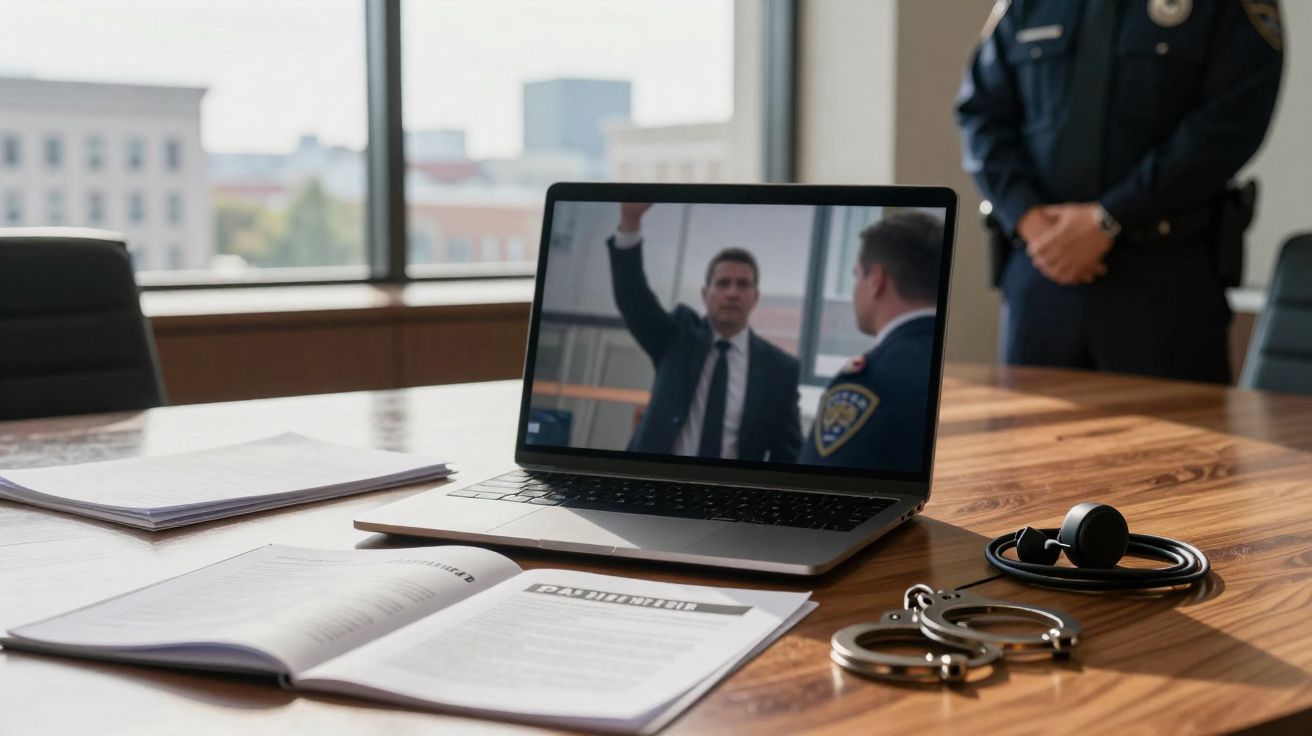 Mesa com computador portátil a mostrar interrogatório, algemas, auscultadores e documentos, polícia em fundo desfocado.
