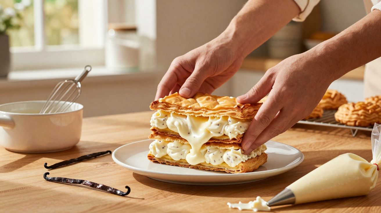 Pessoa a montar sobremesa de massa folhada com creme de baunilha num prato branco numa cozinha iluminada.
