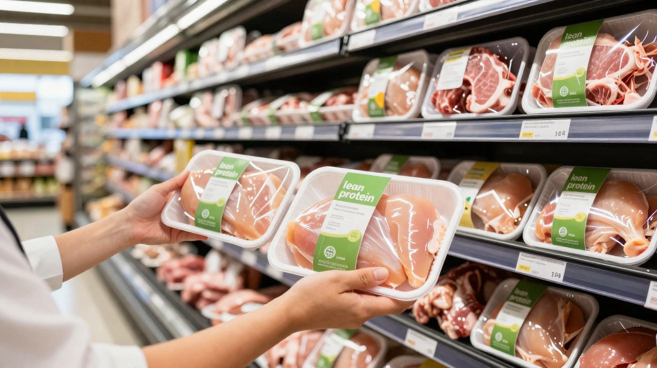 Mãos segurando embalagem de peito de frango numa prateleira de carnes embaladas num supermercado.