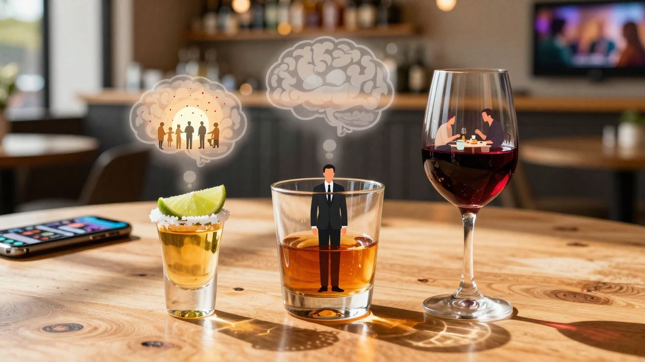 Três copos com bebidas distintas e pequenas figuras humanas dentro, cada uma com nuvens de pensamento acima.