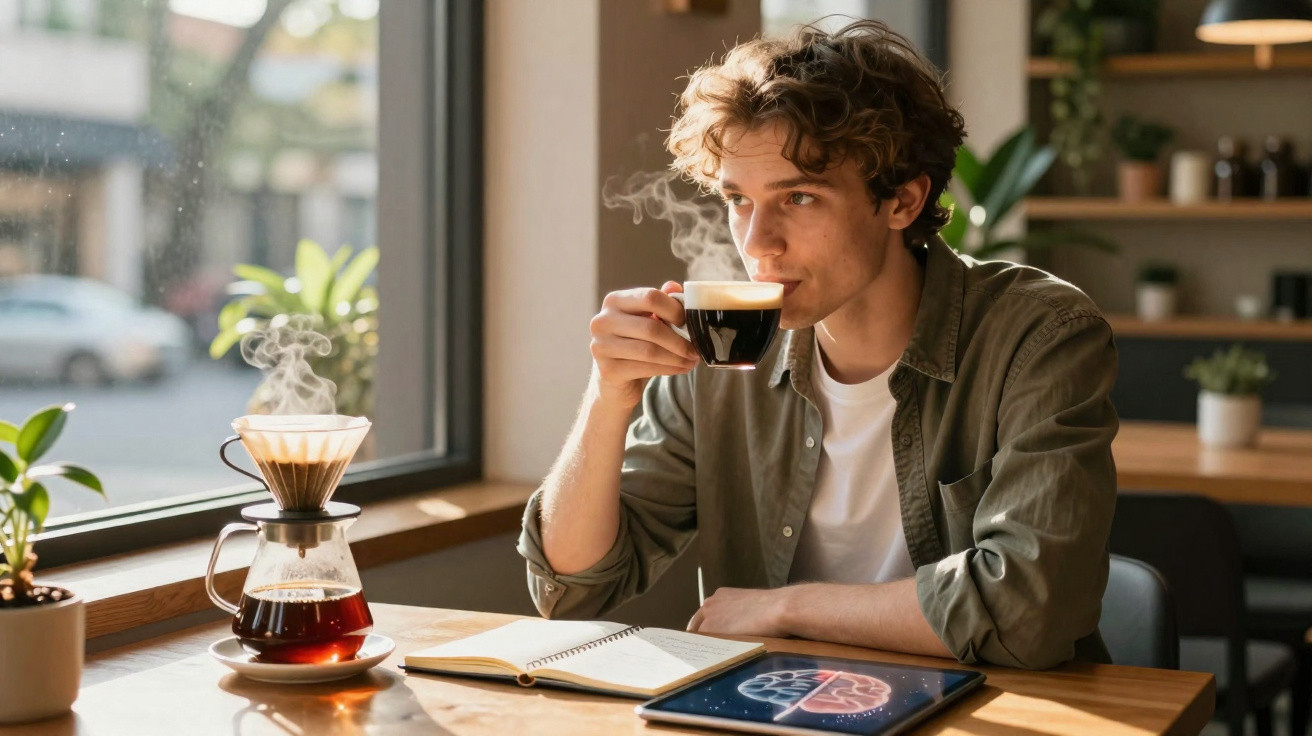 Jovem a beber café numa cafetaria com caderno e tablet à sua frente perto de uma janela ensolarada.