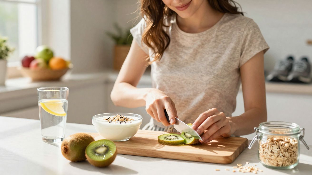 Mulher a cortar kiwi numa tábua de madeira, com iogurte e flocos de aveia numa cozinha iluminada.