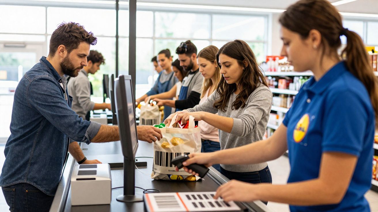 Clientes fazem compras e pagam no caixa de um supermercado com funcionária a escanear produtos.