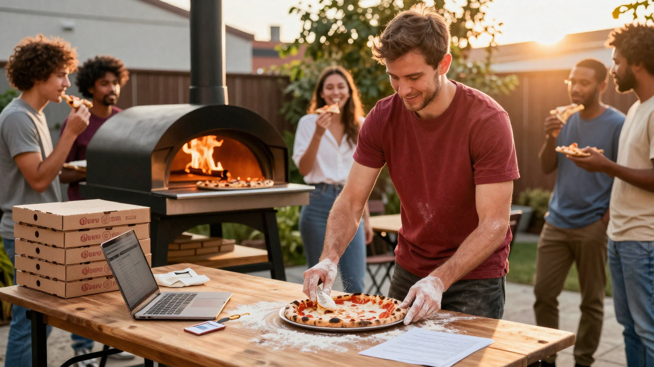 Homem a preparar pizza ao ar livre enquanto amigos ao fundo comem em festa no jardim ao pôr do sol.