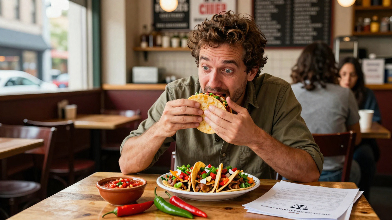 Homem com camisa verde sentado a comer taco numa mesa com pimentos e documentos num restaurante.