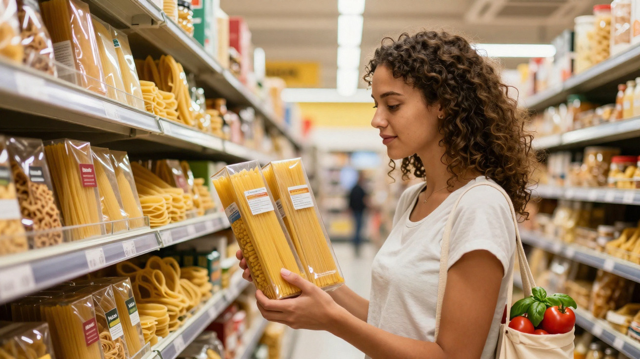 Mulher com saco de compras segura pacotes de massa num corredor de supermercado.