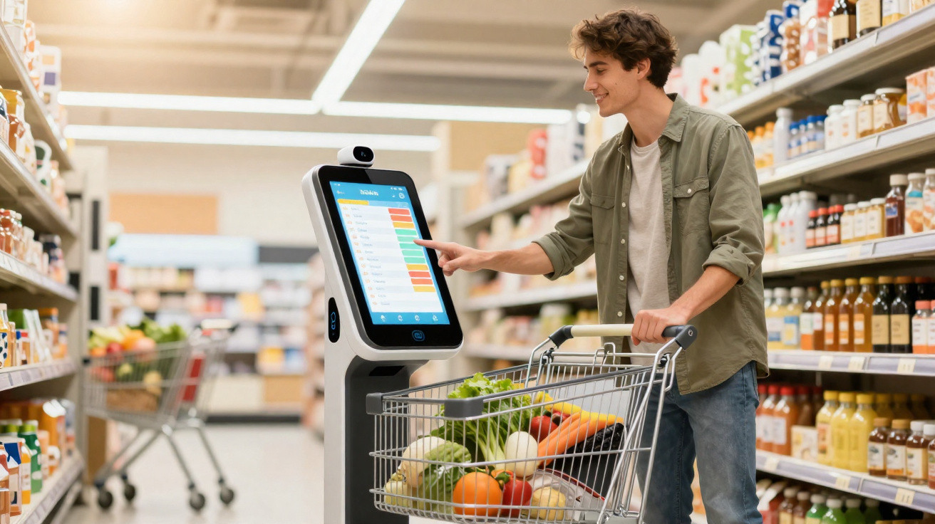 Jovem a usar quiosque digital no supermercado com carrinho cheio de frutas e legumes.