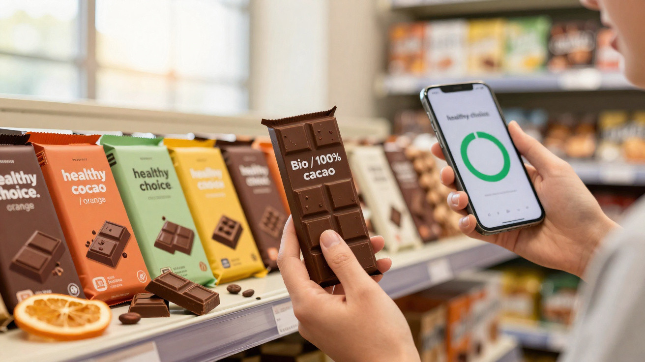 Pessoa segura tablete de chocolate Bio 100% cacau e telemóvel com aplicativo Healthy Online numa loja.